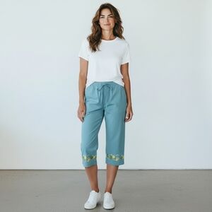 Coppaggallo Women's Cotton Blue Beach Sea Horse Star Fish Capris Size Petite L